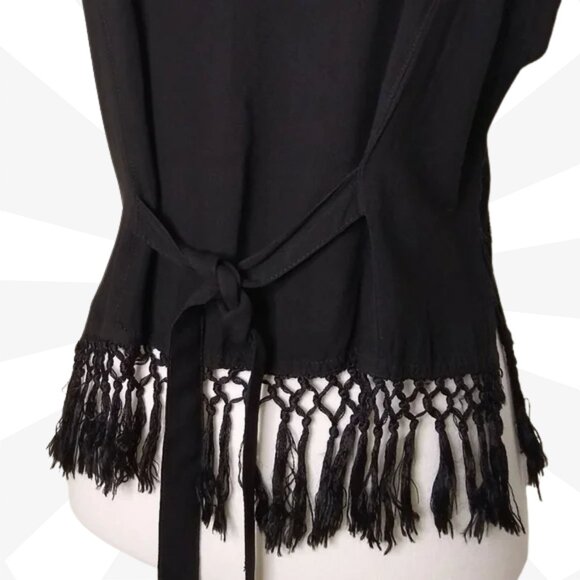 Fabulous Black Embroidered Fringe Scoop Neck Cropped Pullover Tank Top Size M - Picture 3 of 7
